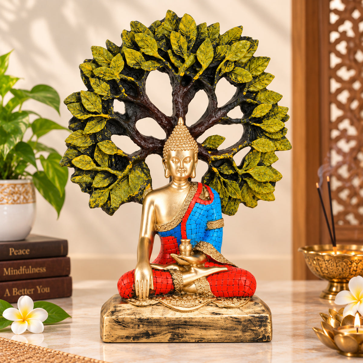 Decorative Resin Buddha Idol Meditating Under Sacred Tree | Peaceful Home & Office Decor Showpiece – 59% OFF