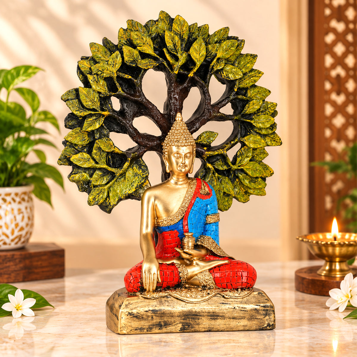 Decorative Resin Buddha Idol Meditating Under Sacred Tree | Peaceful Home & Office Decor Showpiece – 59% OFF