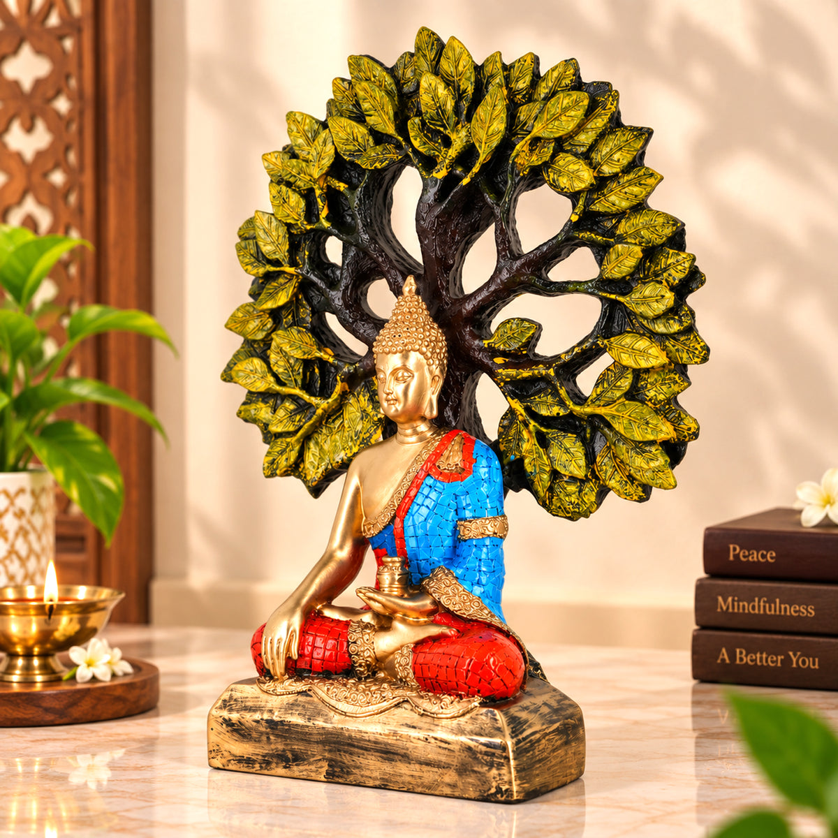 Decorative Resin Buddha Idol Meditating Under Sacred Tree | Peaceful Home & Office Decor Showpiece – 59% OFF