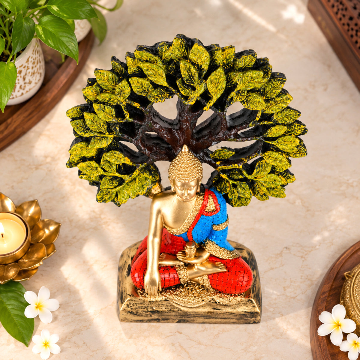 Decorative Resin Buddha Idol Meditating Under Sacred Tree | Peaceful Home & Office Decor Showpiece – 59% OFF
