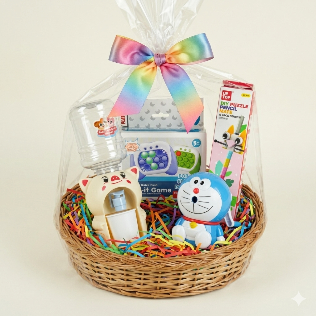 Upharkaro Kids Fun & Learning Gift Hamper Basket with Cute Mini Water Dispenser, Pop-It Game, DIY Puzzle Pencils, Doraemon Toy & Premium Rakhi Gift Set