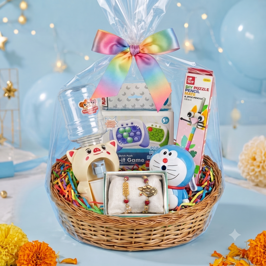 Upharkaro Kids Fun & Learning Gift Hamper Basket with Cute Mini Water Dispenser, Pop-It Game, DIY Puzzle Pencils, Doraemon Toy & Premium Rakhi Gift Set
