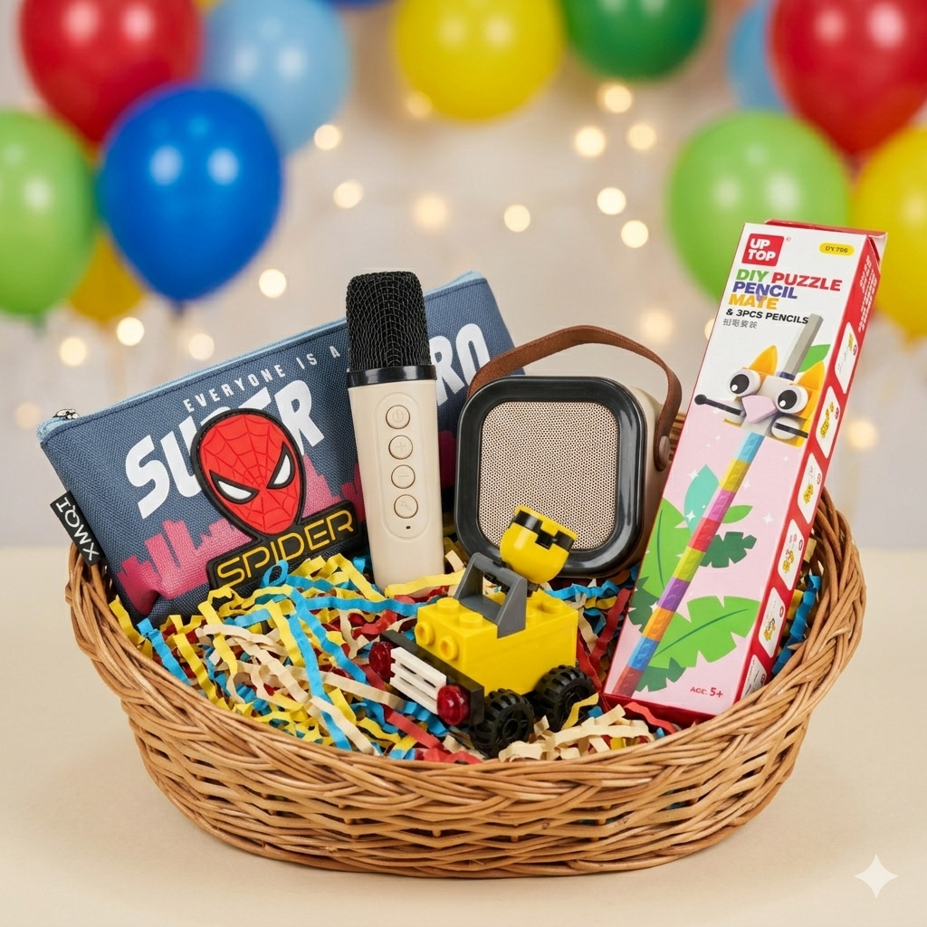 Uphakaro Premium Raksha Bandhan Gift Hamper with Bluetooth Karaoke Microphone, Wireless Speaker, Superhero Pouch, DIY Puzzle Pencil Set & Designer Rakhi Combo