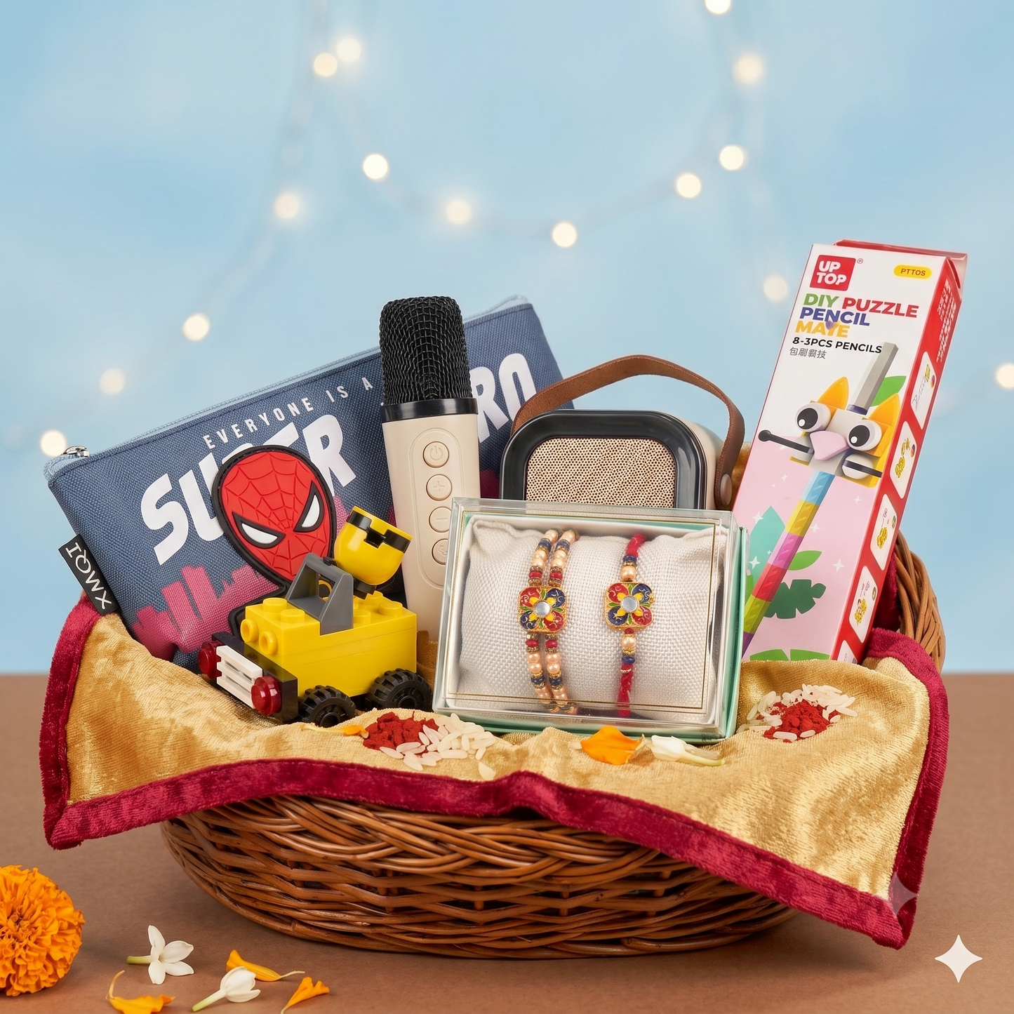 Uphakaro Premium Raksha Bandhan Gift Hamper with Bluetooth Karaoke Microphone, Wireless Speaker, Superhero Pouch, DIY Puzzle Pencil Set & Designer Rakhi Combo