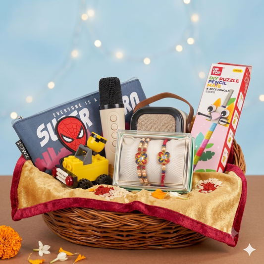 Uphakaro Premium Raksha Bandhan Gift Hamper with Bluetooth Karaoke Microphone, Wireless Speaker, Superhero Pouch, DIY Puzzle Pencil Set & Designer Rakhi Combo
