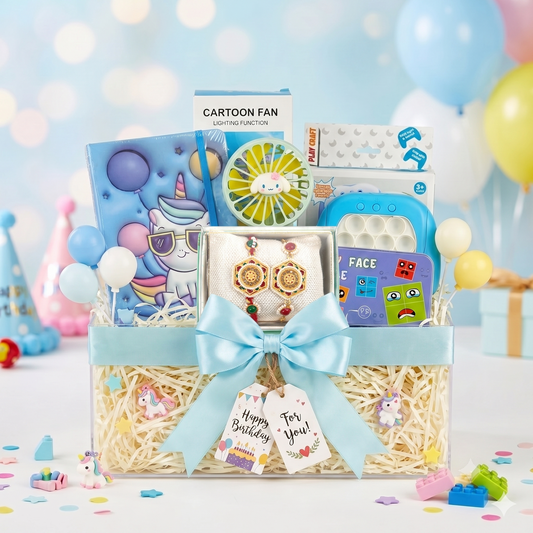 Upharkaro Premium Kids Birthday & Rakhi Gift Hamper with Unicorn Diary, Cartoon Fan, Pop-It Game, Puzzle Cards & Designer Rakhi Set