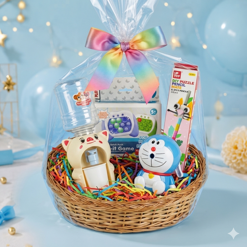 Upharkaro Kids Fun & Learning Gift Hamper Basket with Cute Mini Water Dispenser, Pop-It Game, DIY Puzzle Pencils, Doraemon Toy & Premium Rakhi Gift Set