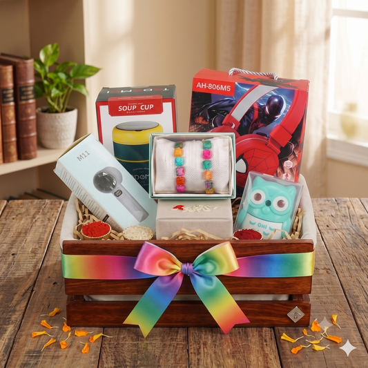 Upharkaro Premium Raksha Bandhan Gift Hamper for Kids & Teens with Wireless Headphones, Mini Hair Dryer, Soup Cup, Owl Lamp & Designer Rakhi Set
