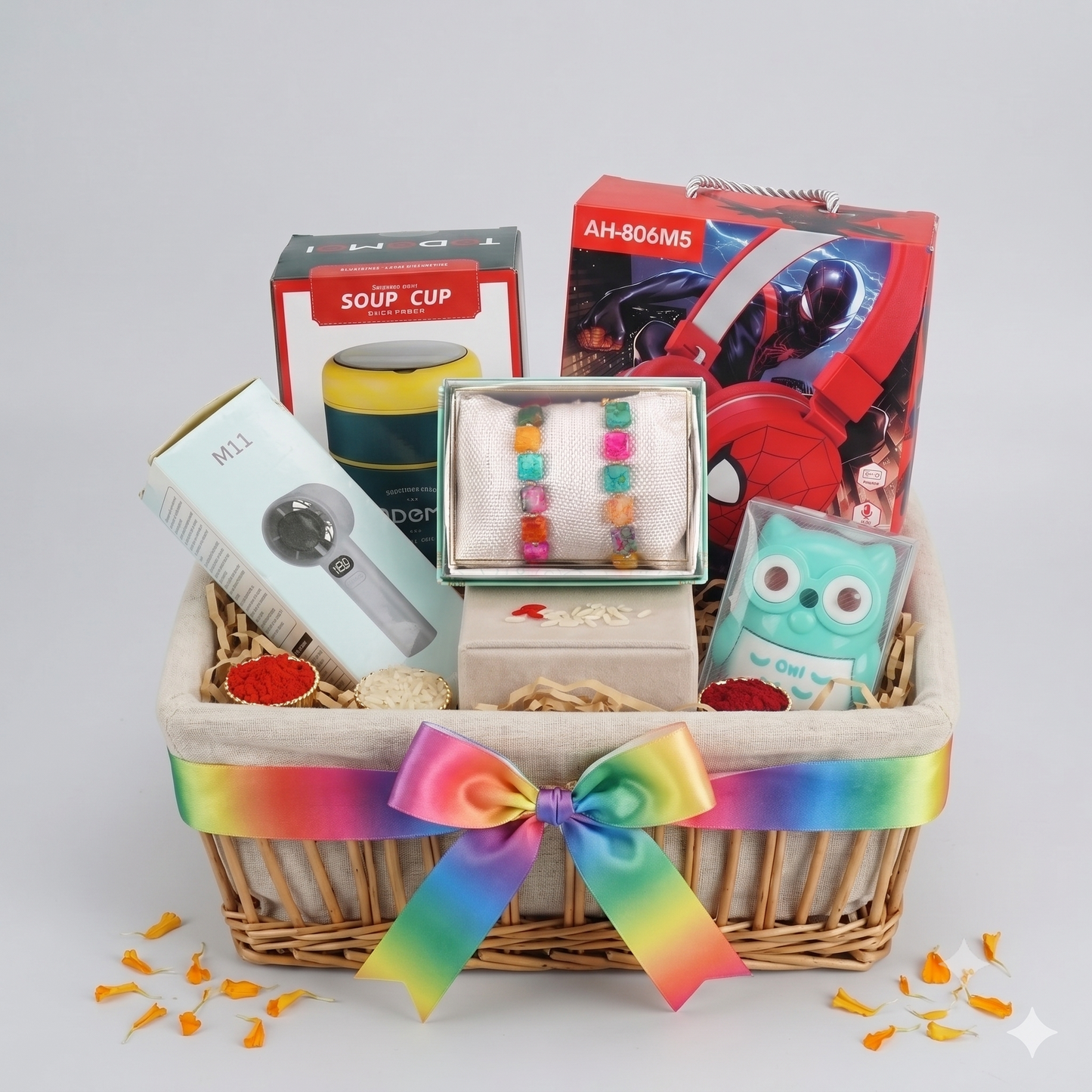 Upharkaro Premium Raksha Bandhan Gift Hamper for Kids & Teens with Wireless Headphones, Mini Hair Dryer, Soup Cup, Owl Lamp & Designer Rakhi Set
