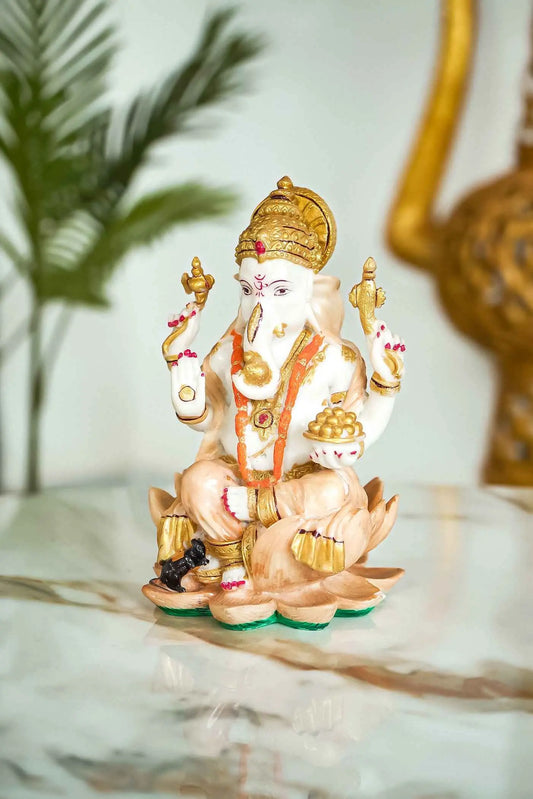 Goddess Ganesha Statue Sitting on Lotus with Fine Gold Painting – Spiritual Decor Idol for Home, Office & Gifting by Upharkaro-Upharkaro