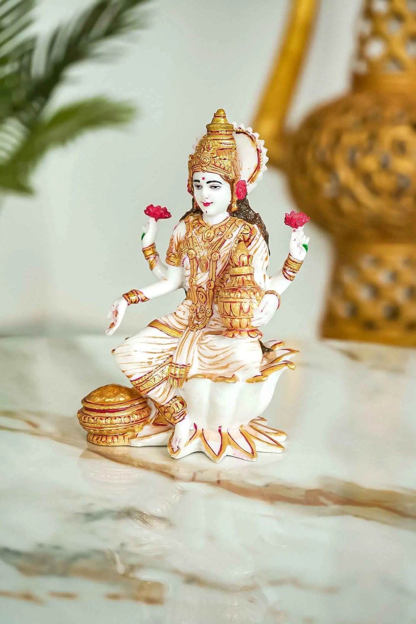 Goddess Laxmi Maa Statue Sitting On Lotus Fine Gold Painting-Upharkaro