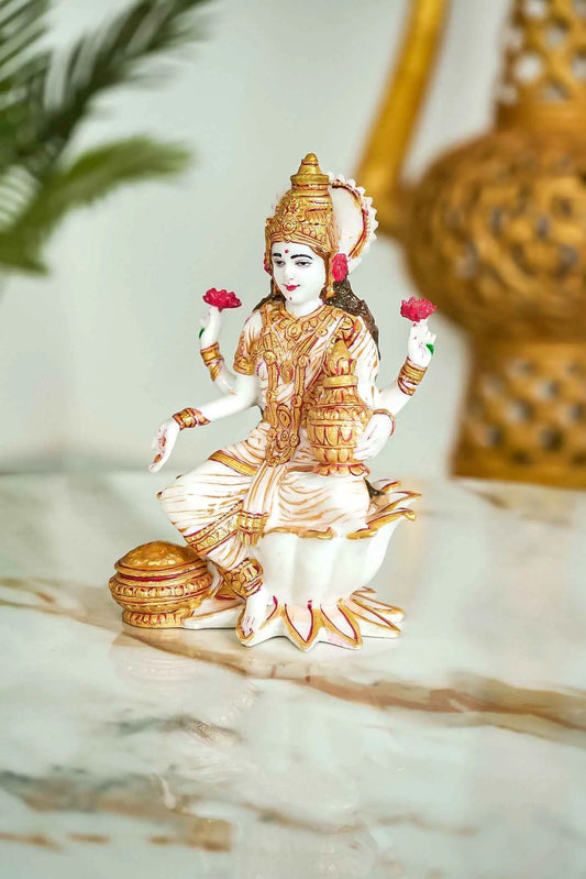Goddess Laxmi Maa Statue Sitting On Lotus Fine Gold Painting-Upharkaro