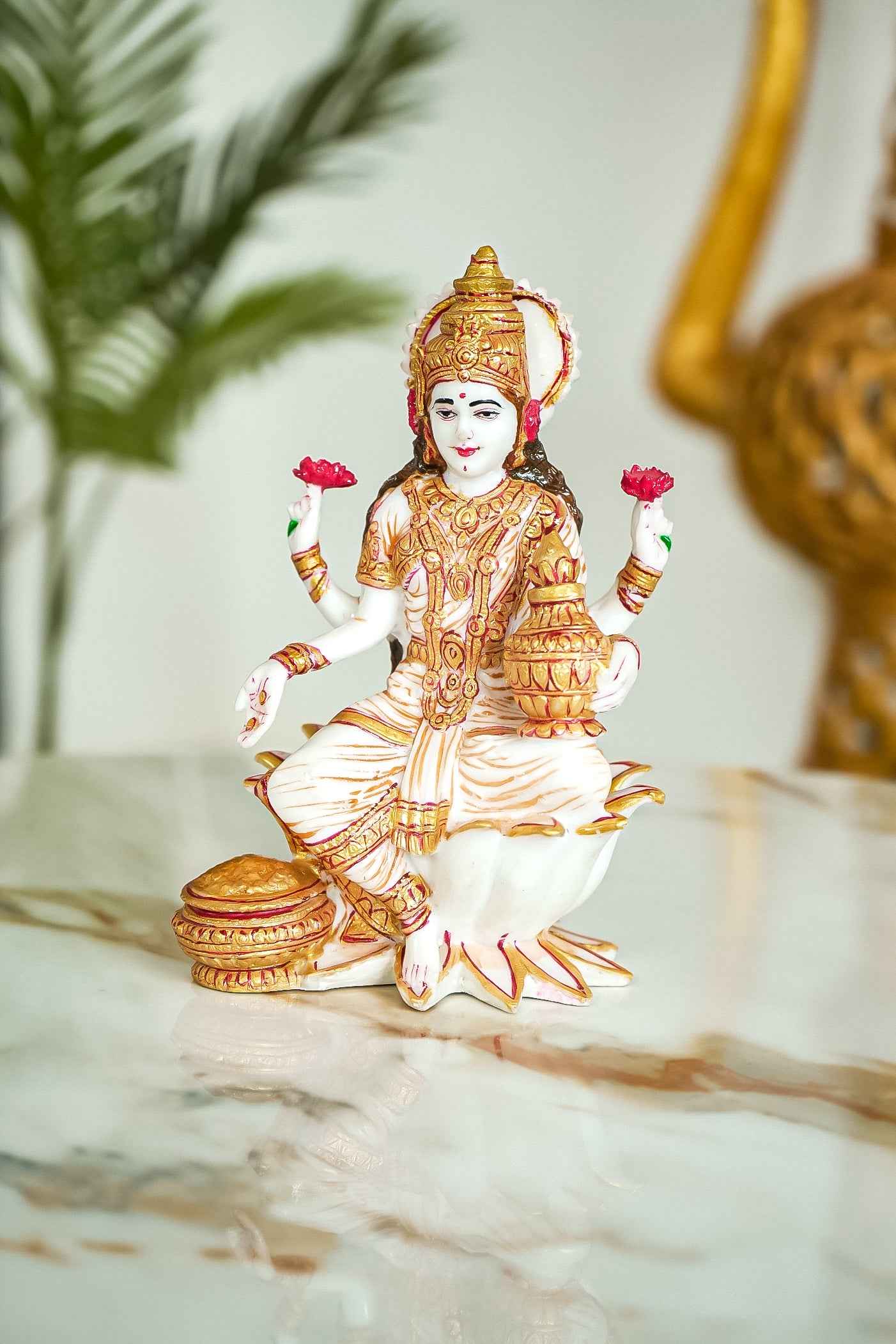 Goddess Laxmi Maa Statue Sitting On Lotus Fine Gold Painting-Upharkaro