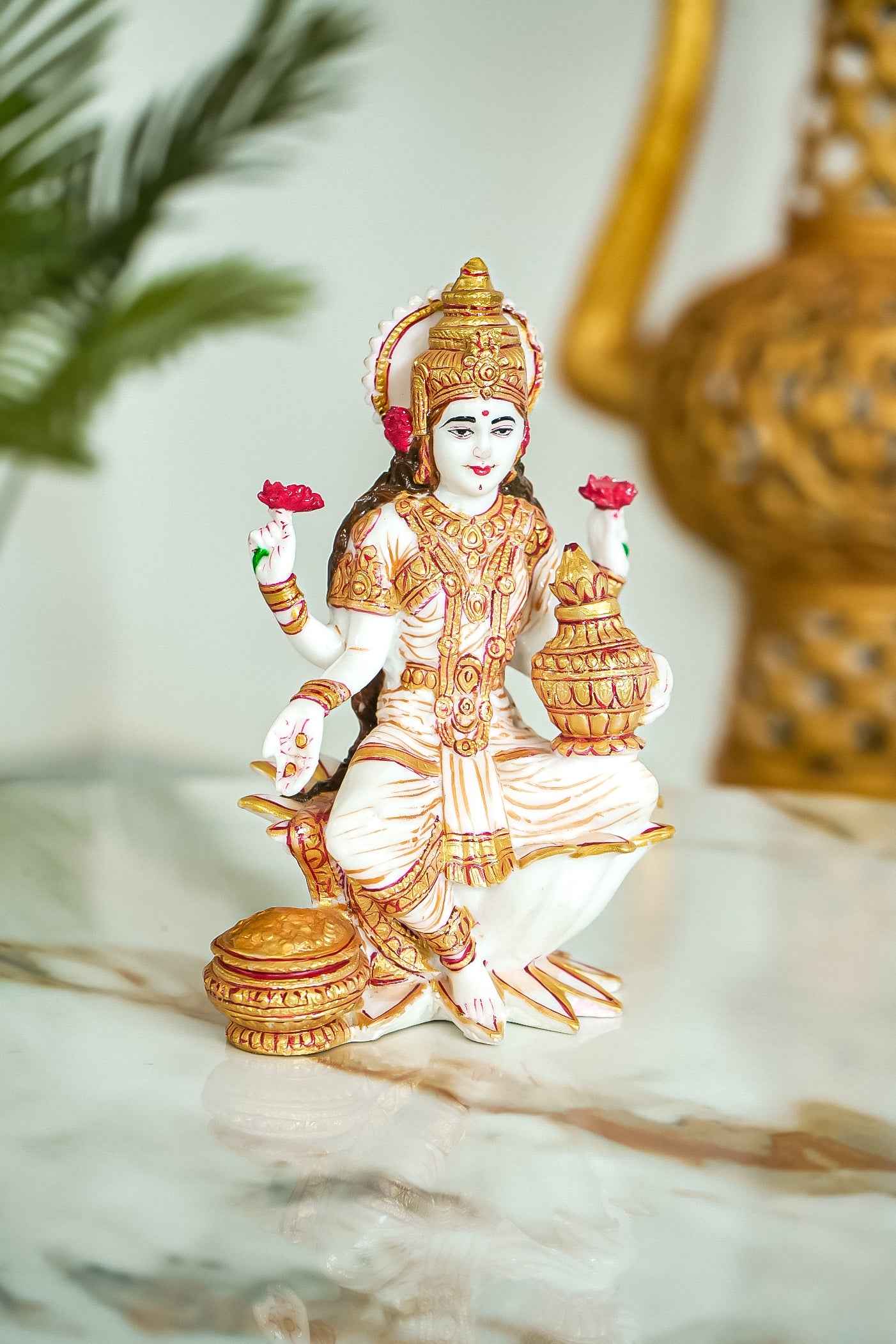 Goddess Laxmi Maa Statue Sitting On Lotus Fine Gold Painting-Upharkaro
