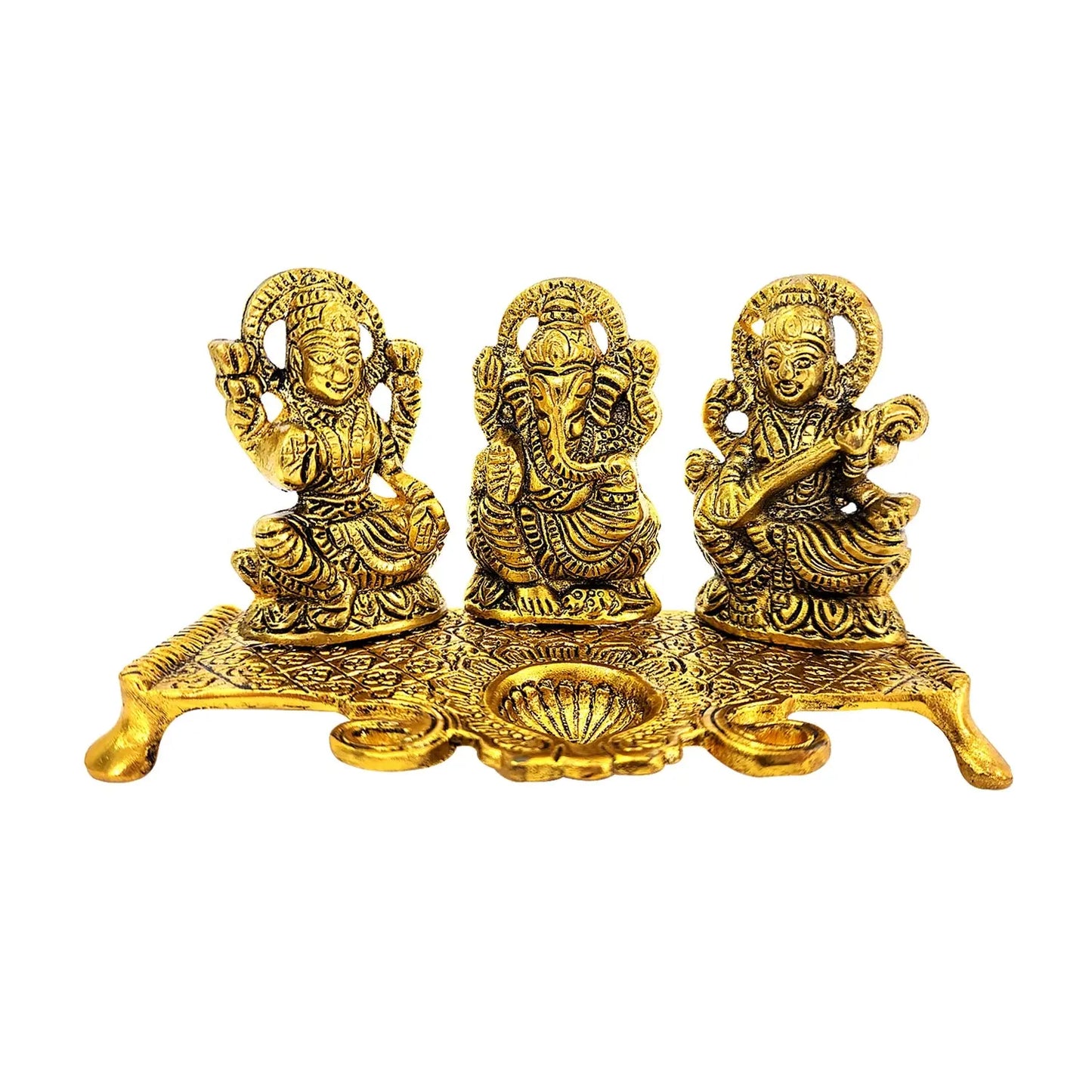 Set of three gold-colored deity statues on a white background