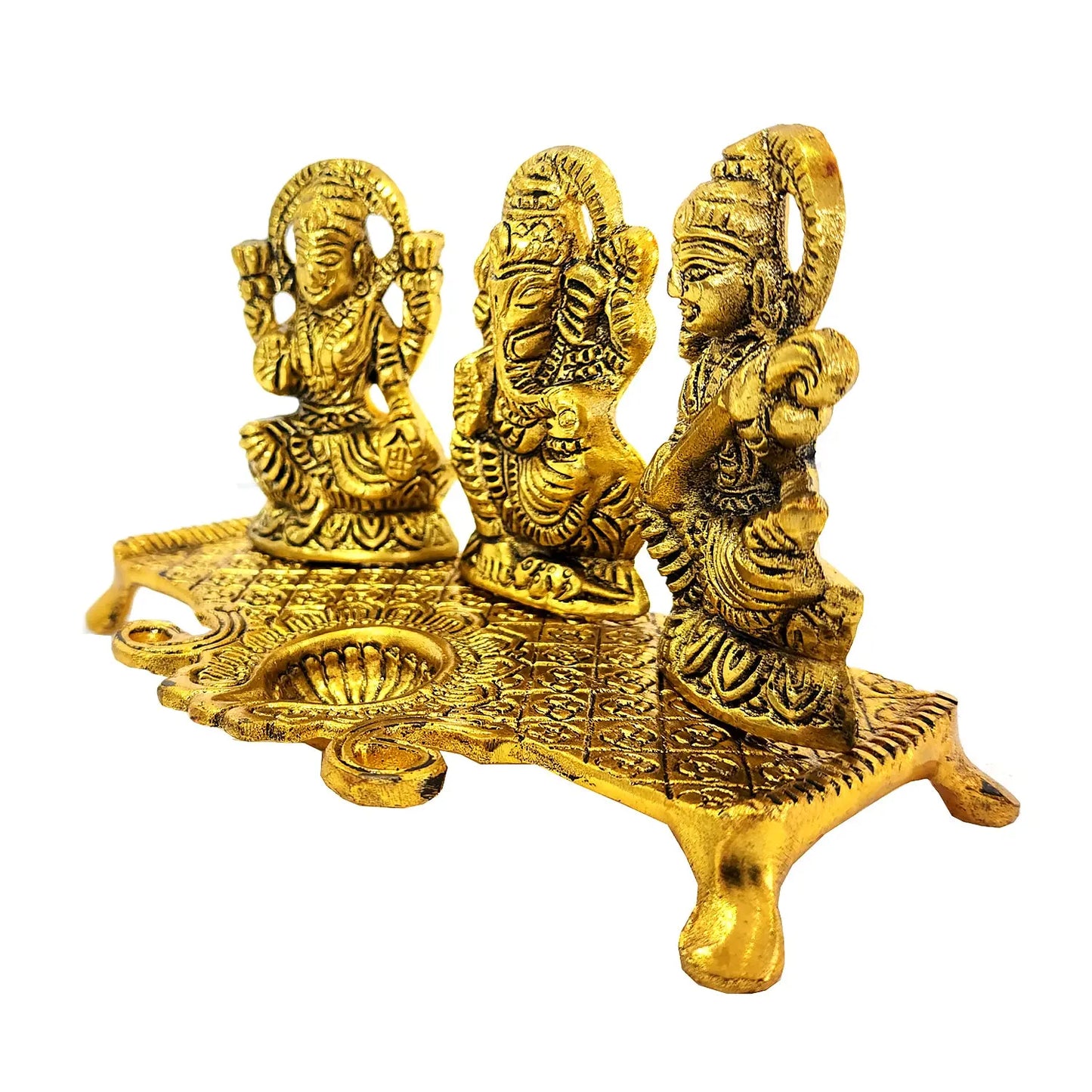 Gold-colored three-figurine statue on a white background