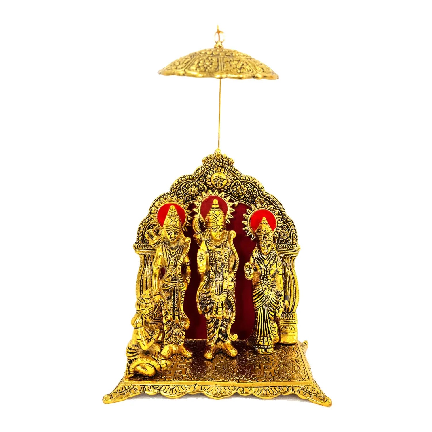 Decorative gold shrine with three figures on a white background
