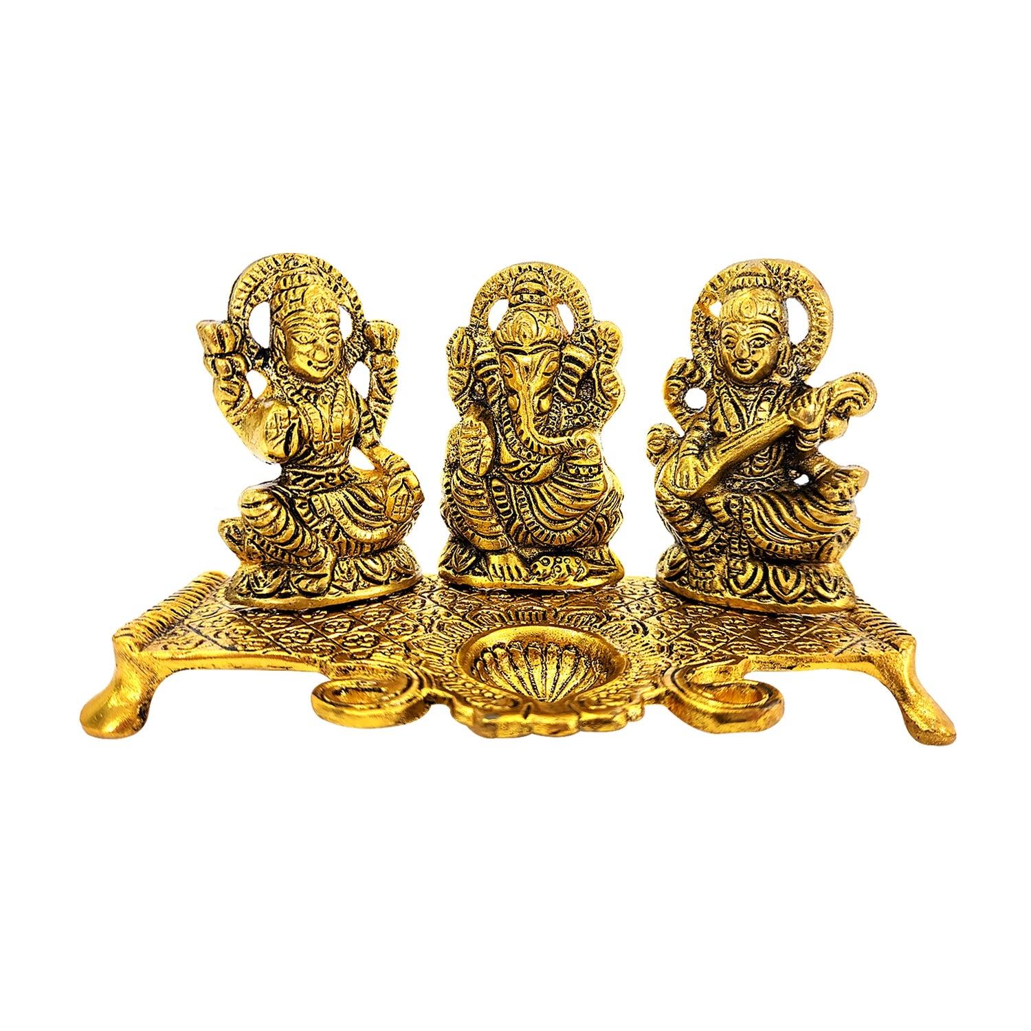 Set of three gold-colored deity statues on a white background