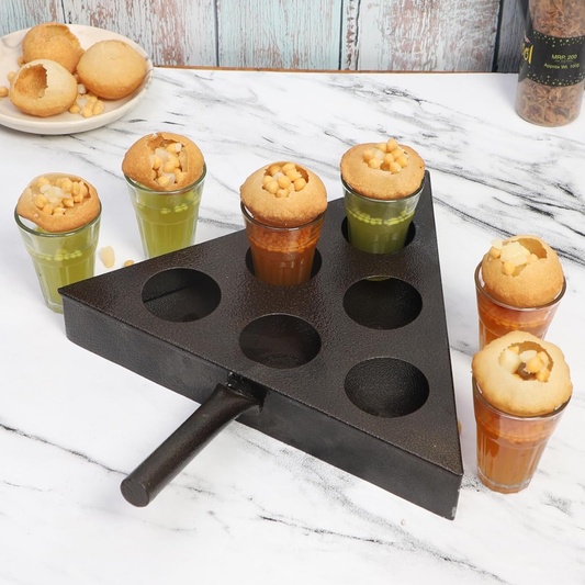 Handcrafted Iron Gol Gappa Shots Khurpi Platter Set with 6 Glasses | Triangle Serving Tray for Pani Puri, Welcome Drinks & Party Snacks | Black Finish