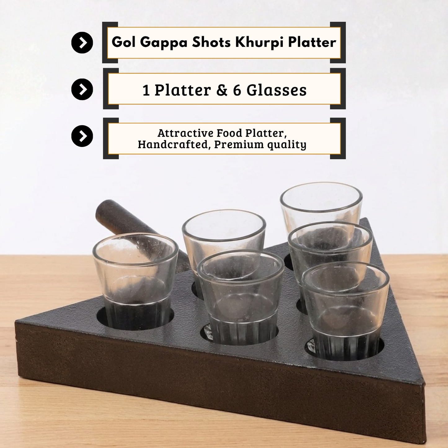 Handcrafted Iron Gol Gappa Shots Khurpi Platter Set with 6 Glasses | Triangle Serving Tray for Pani Puri, Welcome Drinks & Party Snacks | Black Finish