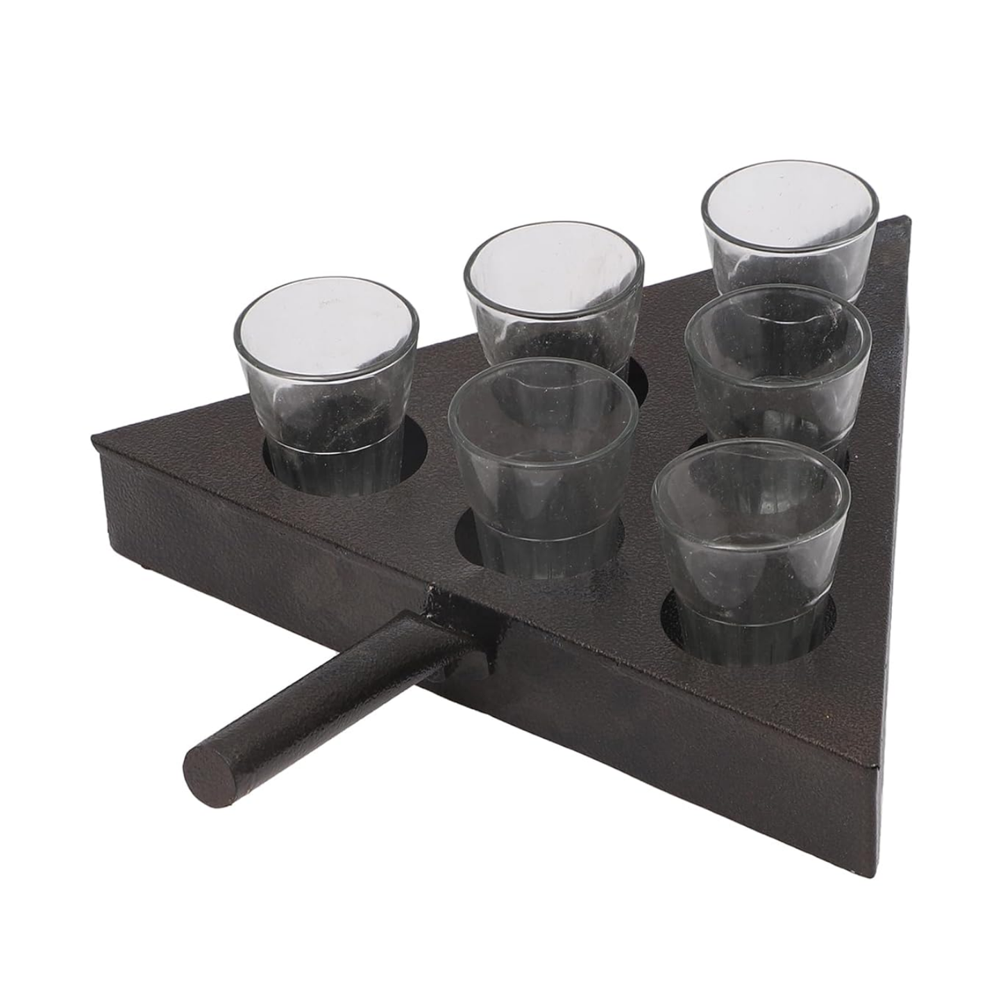 Handcrafted Iron Gol Gappa Shots Khurpi Platter Set with 6 Glasses | Triangle Serving Tray for Pani Puri, Welcome Drinks & Party Snacks | Black Finish