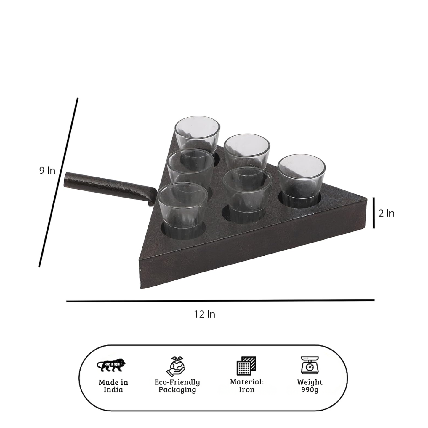 Handcrafted Iron Gol Gappa Shots Khurpi Platter Set with 6 Glasses | Triangle Serving Tray for Pani Puri, Welcome Drinks & Party Snacks | Black Finish
