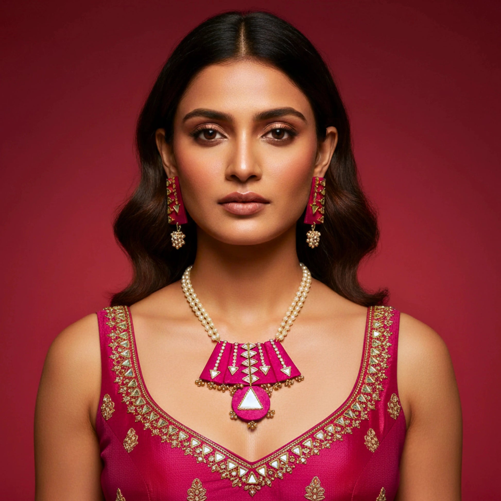 Woman wearing a pink traditional outfit with gold embroidery and jewelry against a red background