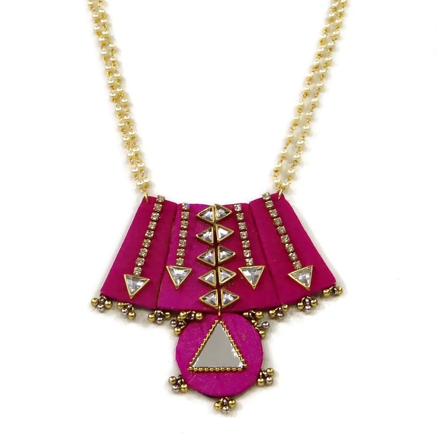 Necklace with pink geometric pendant on a white background