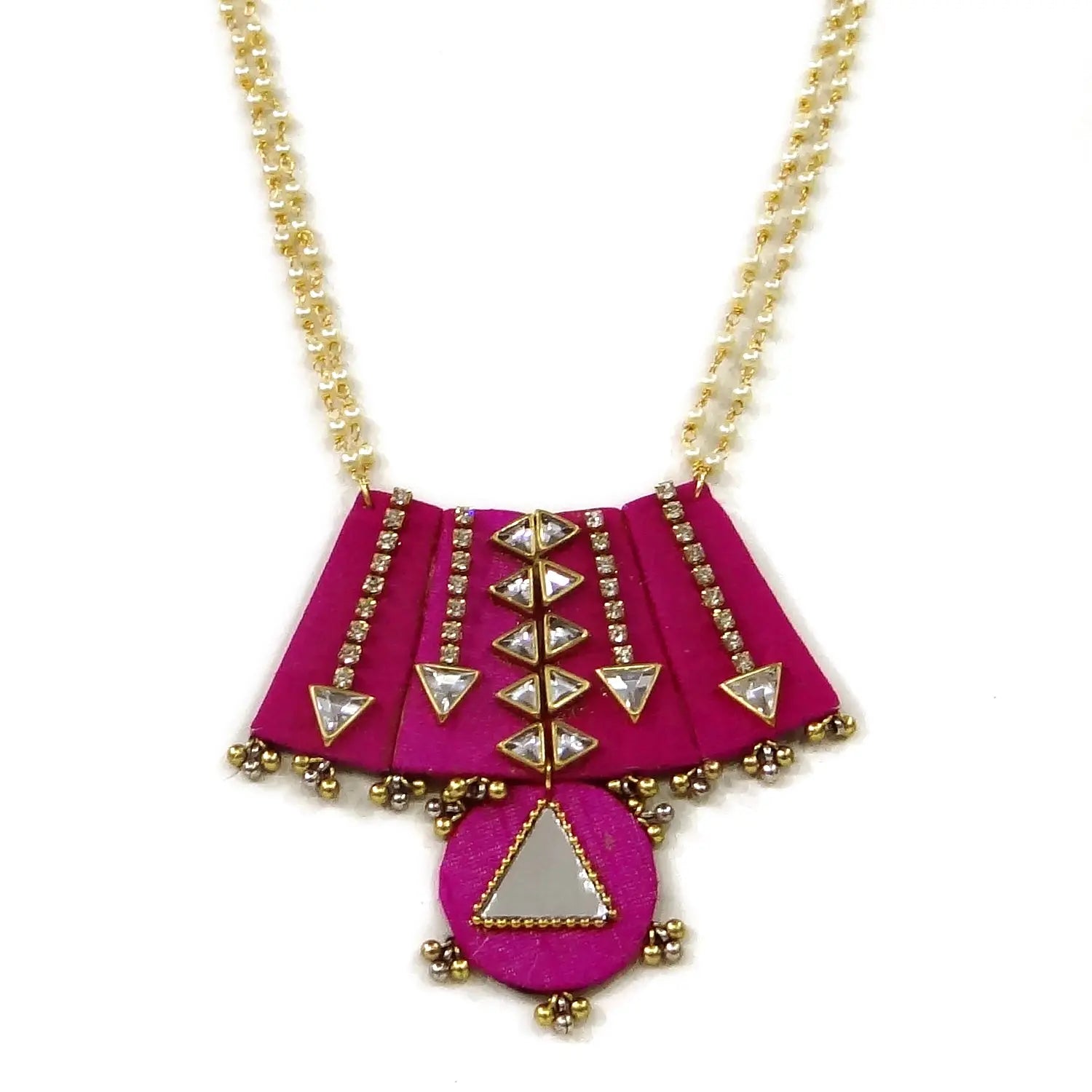 Necklace with pink geometric pendant on a white background