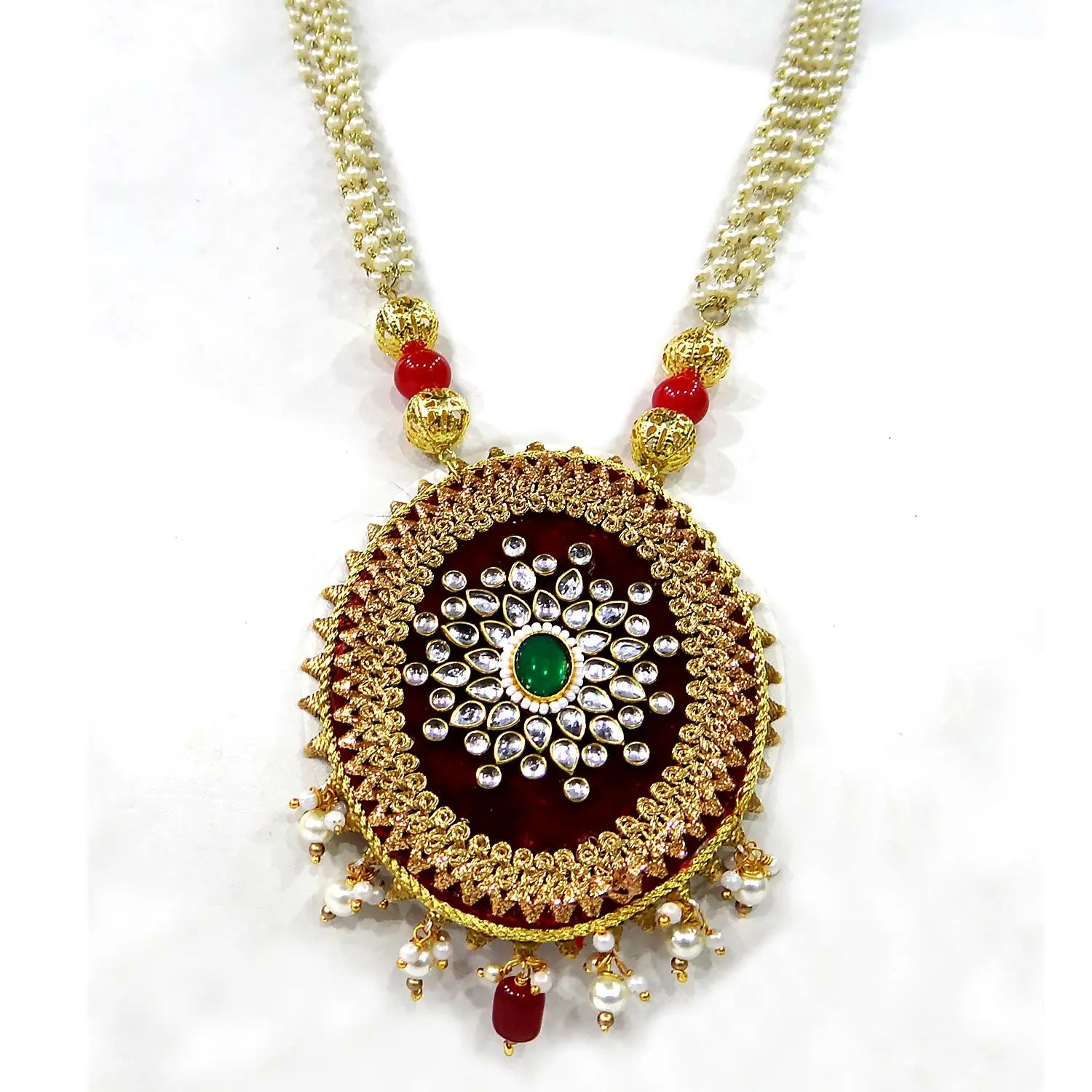 Decorative necklace with gold pendant on a white background