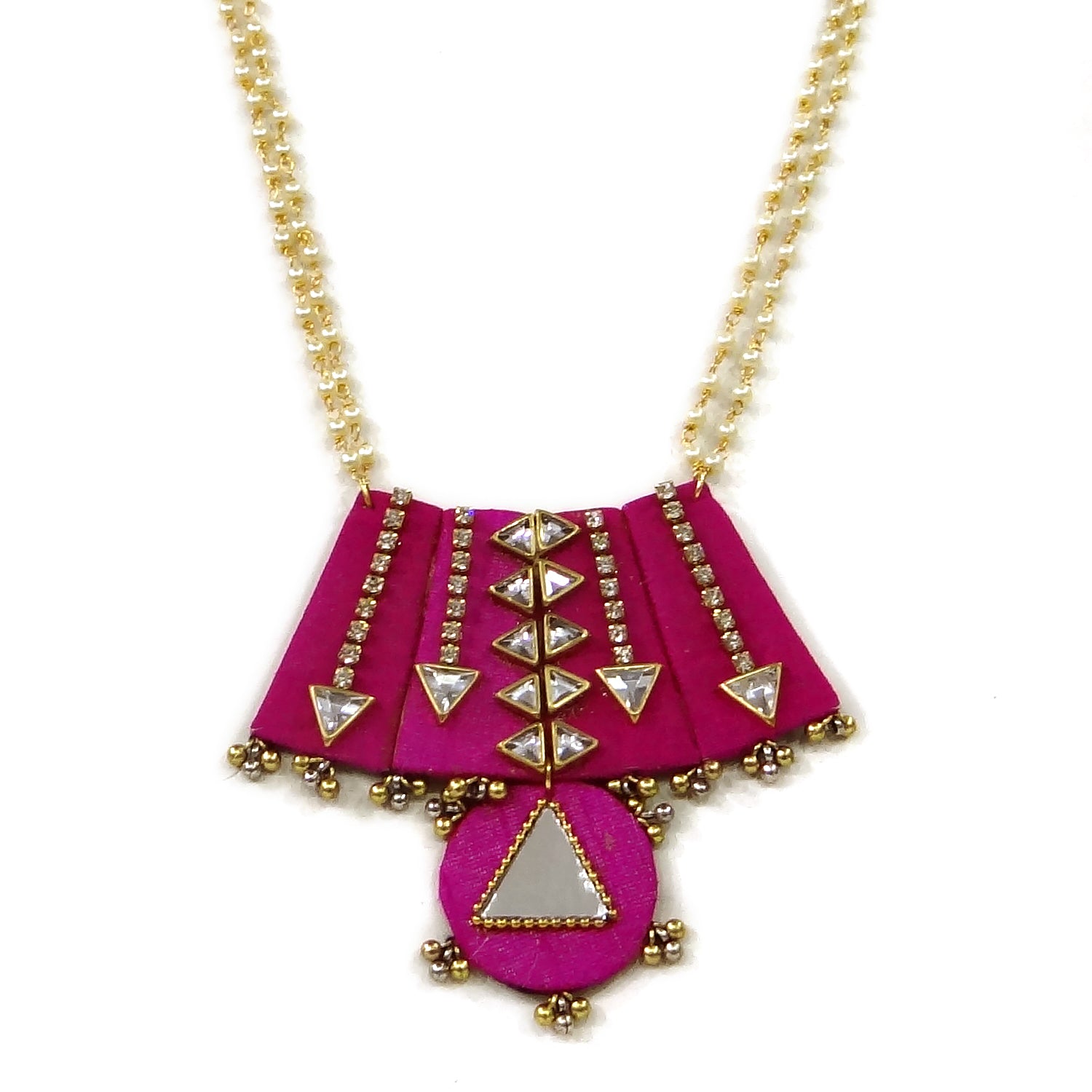 Necklace with pink geometric pendant on a white background