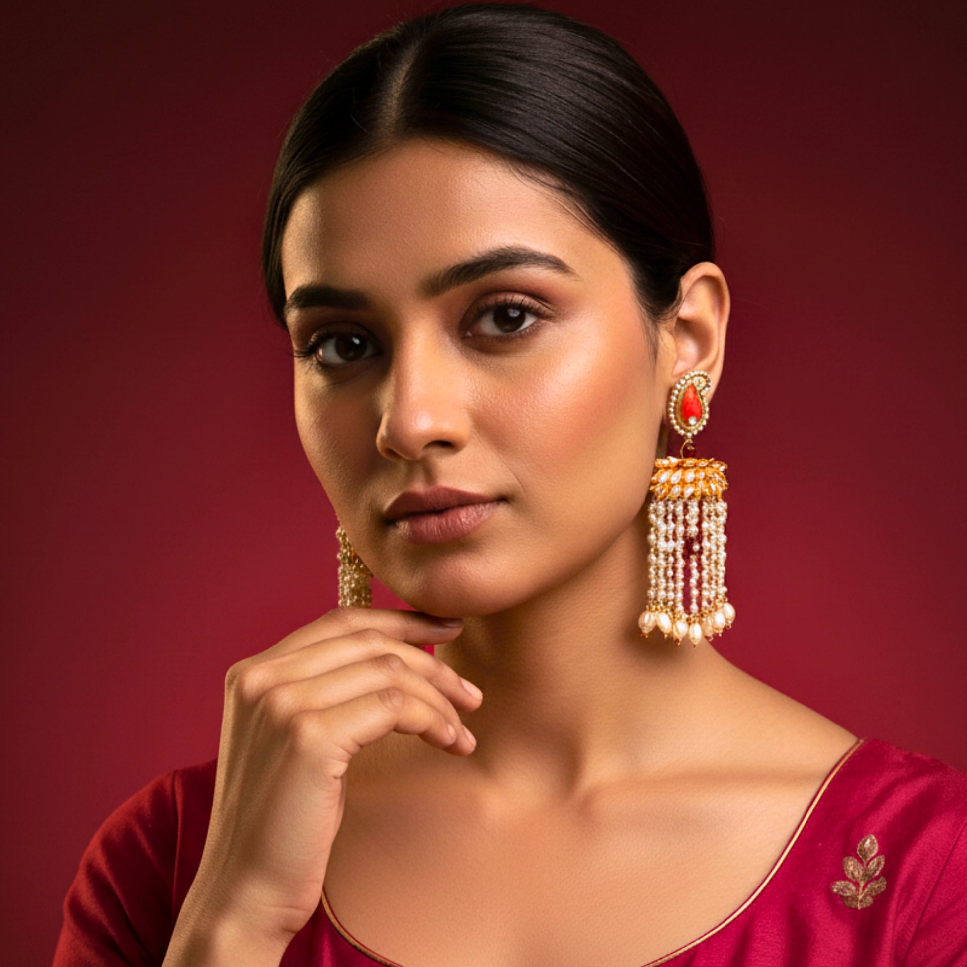Woman wearing gold earrings with red background