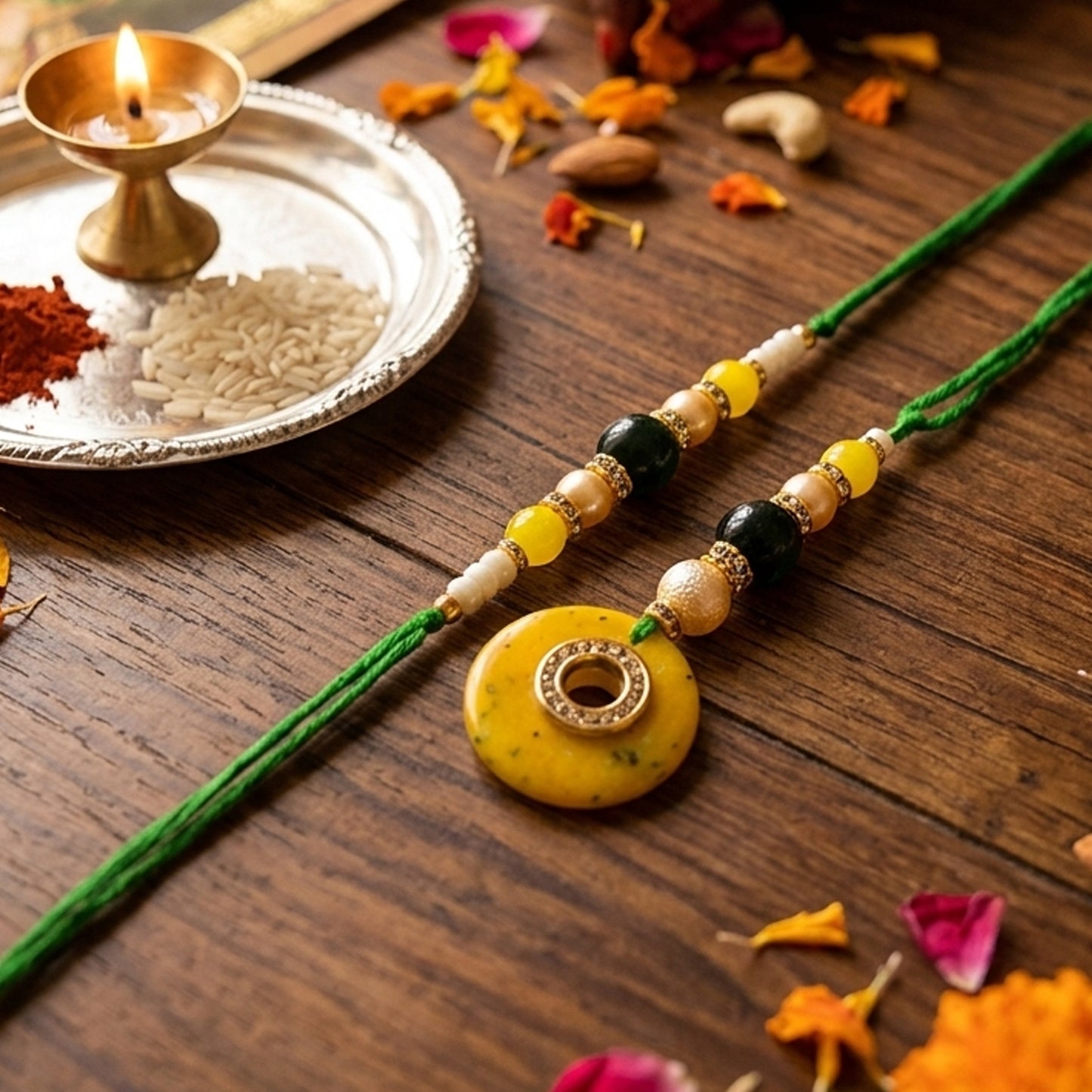 Elegant Bhaiya Bhabhi Lumba Rakhi Set with Pearl Beads | Designer Couple Rakhi for Raksha Bandhan (green)