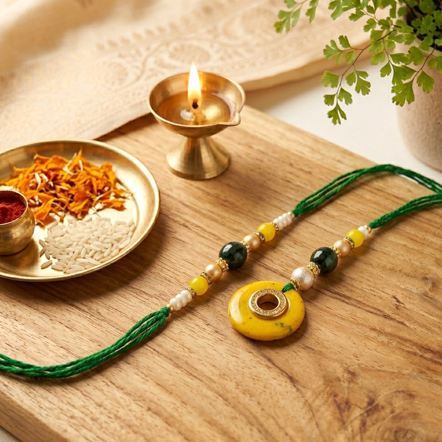 Elegant Bhaiya Bhabhi Lumba Rakhi Set with Pearl Beads | Designer Couple Rakhi for Raksha Bandhan (green)