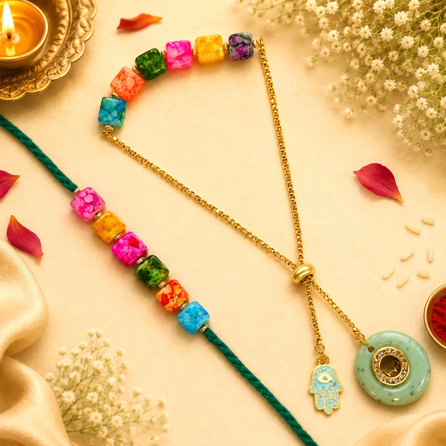 Rainbow Beads Designer Bhaiya-Bhabhi Lumba Rakhi Set with Unicorn Charm & Adjustable Bracelet Style