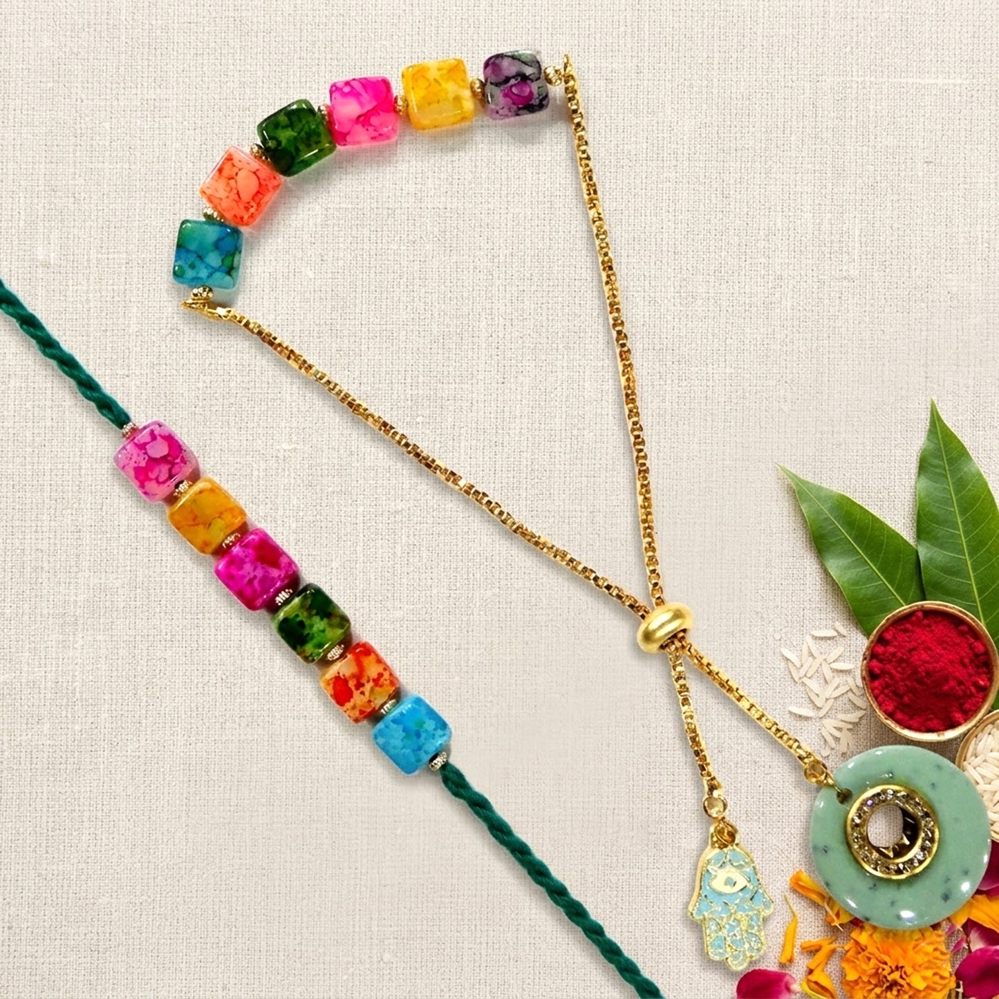 Rainbow Beads Designer Bhaiya-Bhabhi Lumba Rakhi Set with Unicorn Charm & Adjustable Bracelet Style