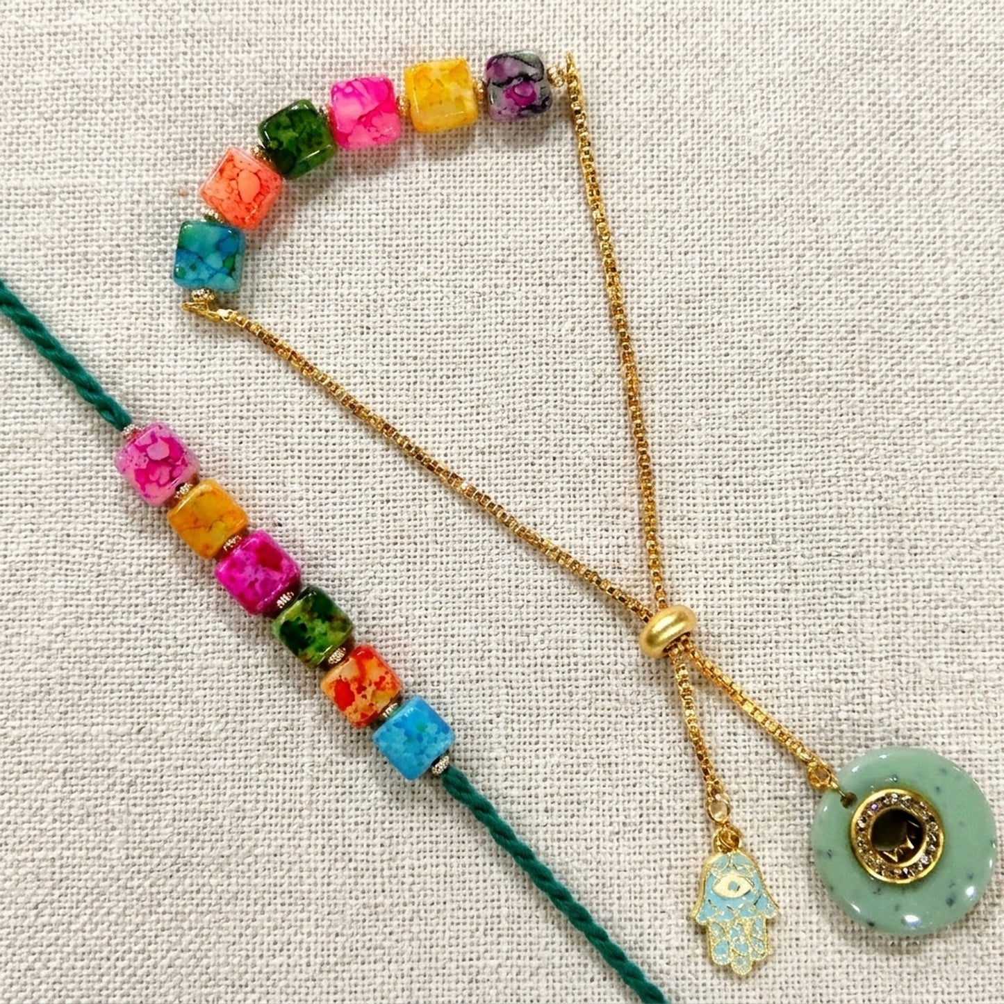 Rainbow Beads Designer Bhaiya-Bhabhi Lumba Rakhi Set with Unicorn Charm & Adjustable Bracelet Style