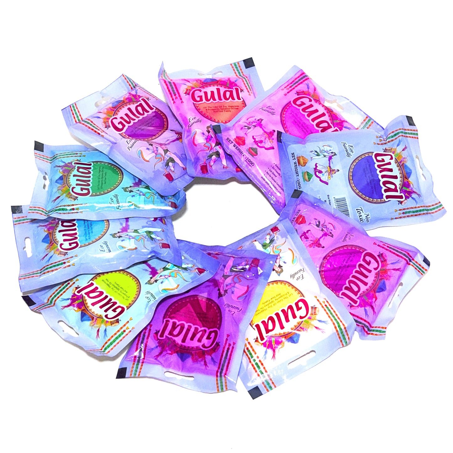 Circular arrangement of colorful 'Gulal' packets on a white background