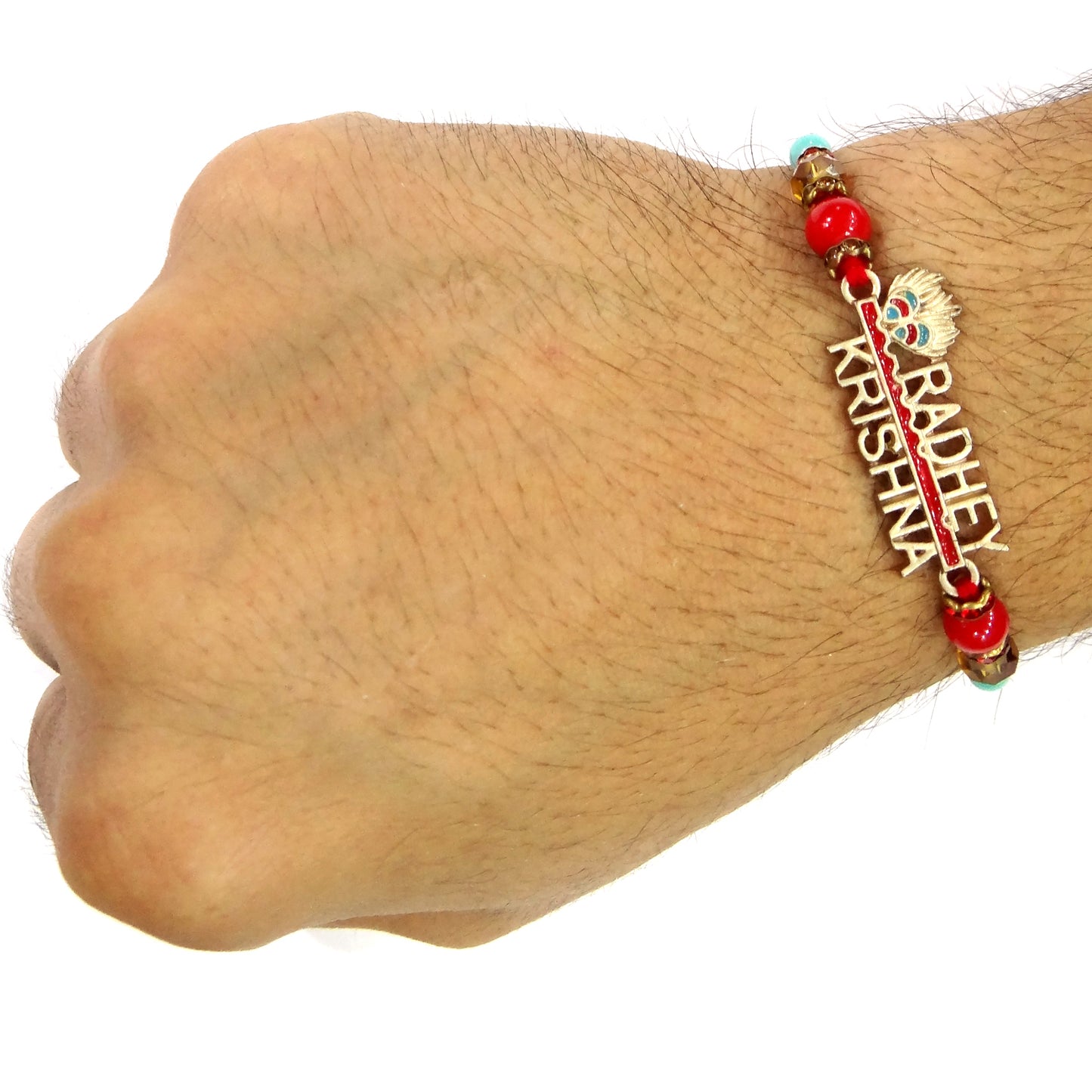 Premium Radhey Krishna Name Rakhi with Golden Charm & Colorful Beads | Designer Rakhi for Brother
