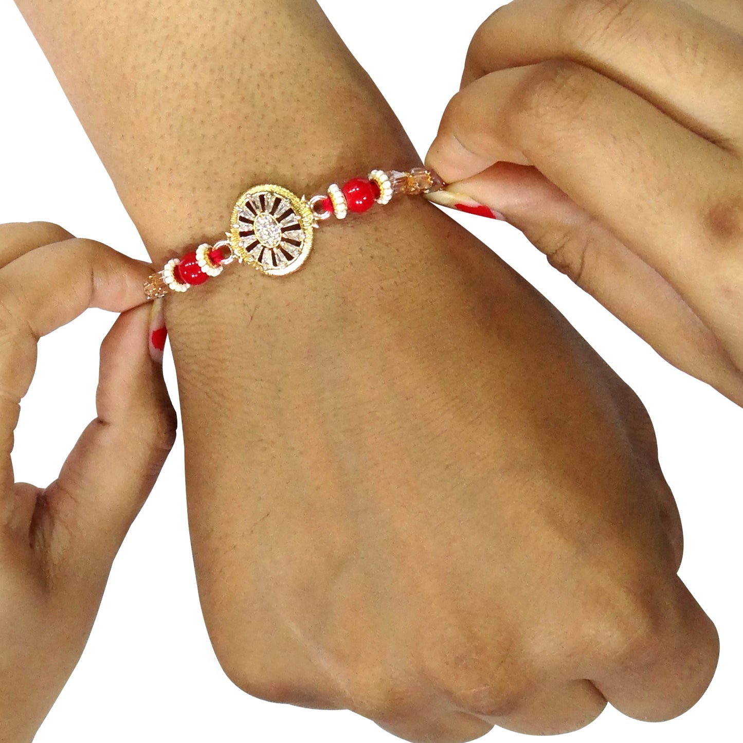 Premium Shiny Diamond Rakhi with Red Stone | Elegant Designer Rakhi for Bhaiya