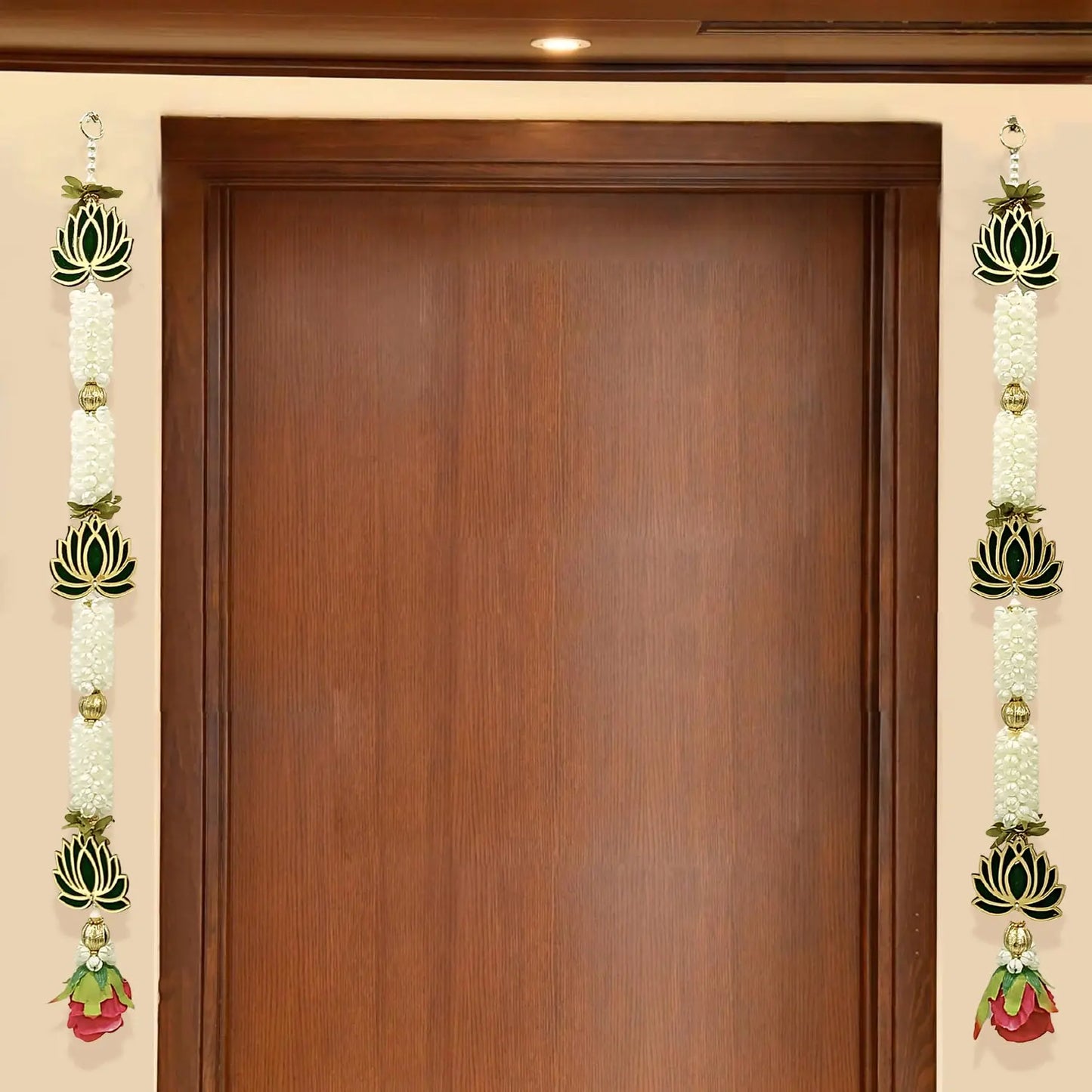 Decorative garlands on either side of a wooden door