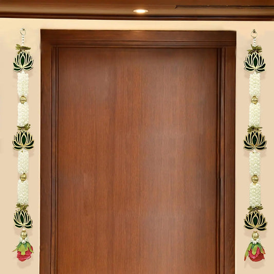 Decorative garlands on either side of a wooden door