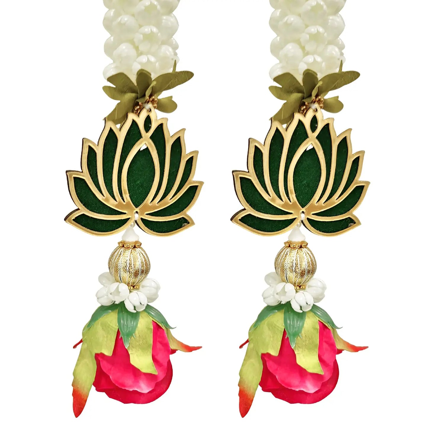 Pair of earrings with green lotus design and pink floral elements on a white background
