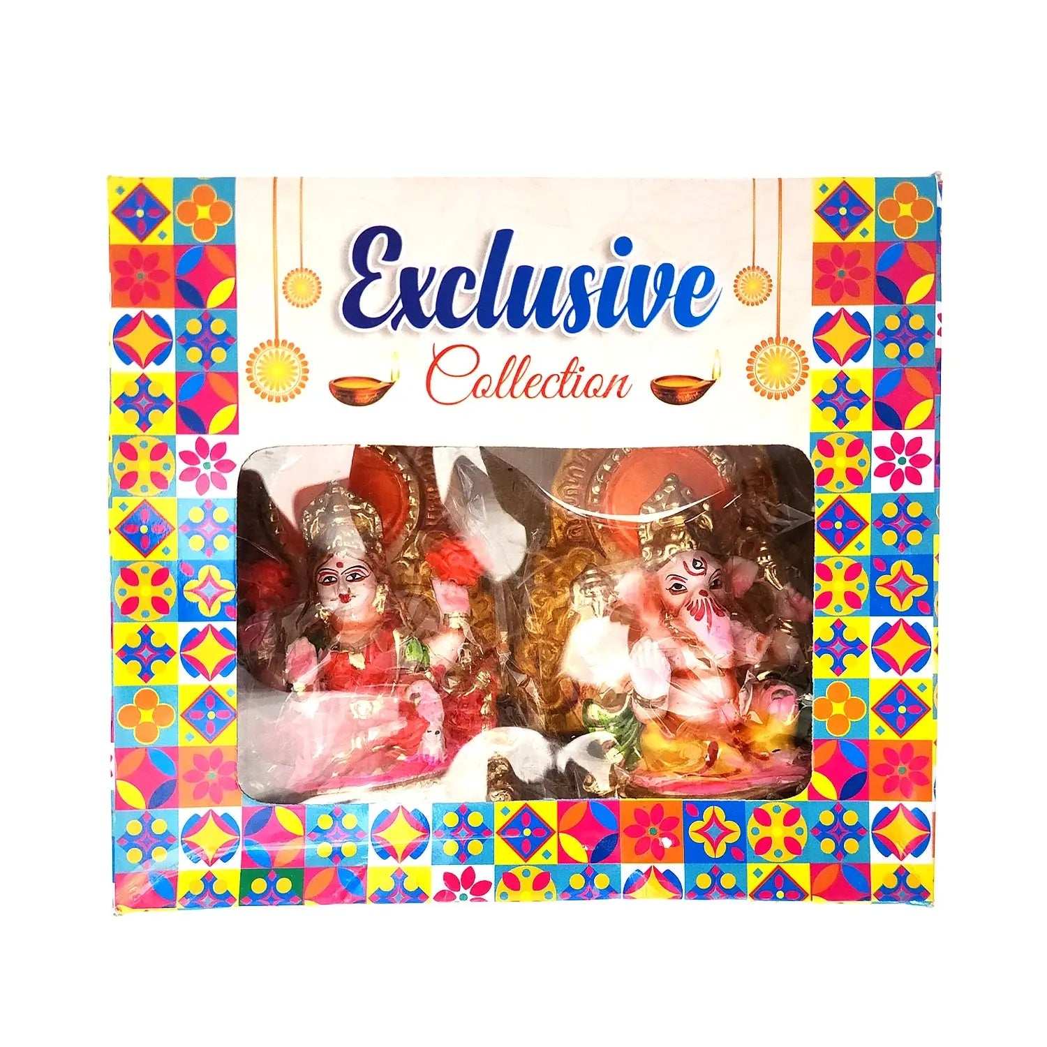 Product packaging with colorful design and images of deities, labeled 'Exclusive Collection'.