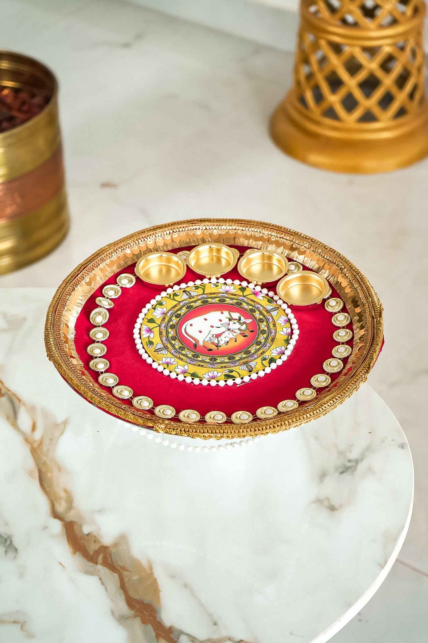 Handcrafted Floral Puja Plate with Artificial Rose Decoration-Upharkaro