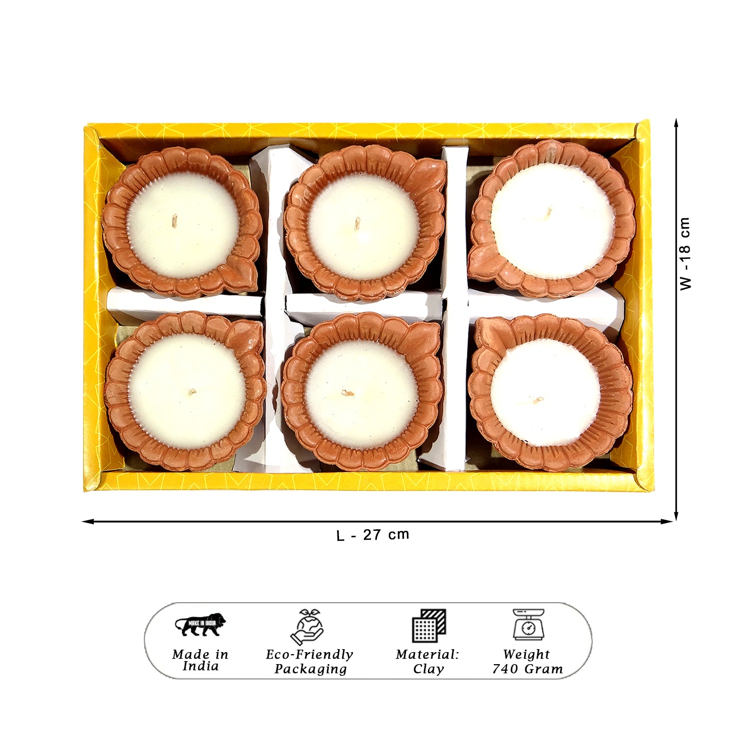 Set of six clay candles in a yellow box with dimensions and product details.