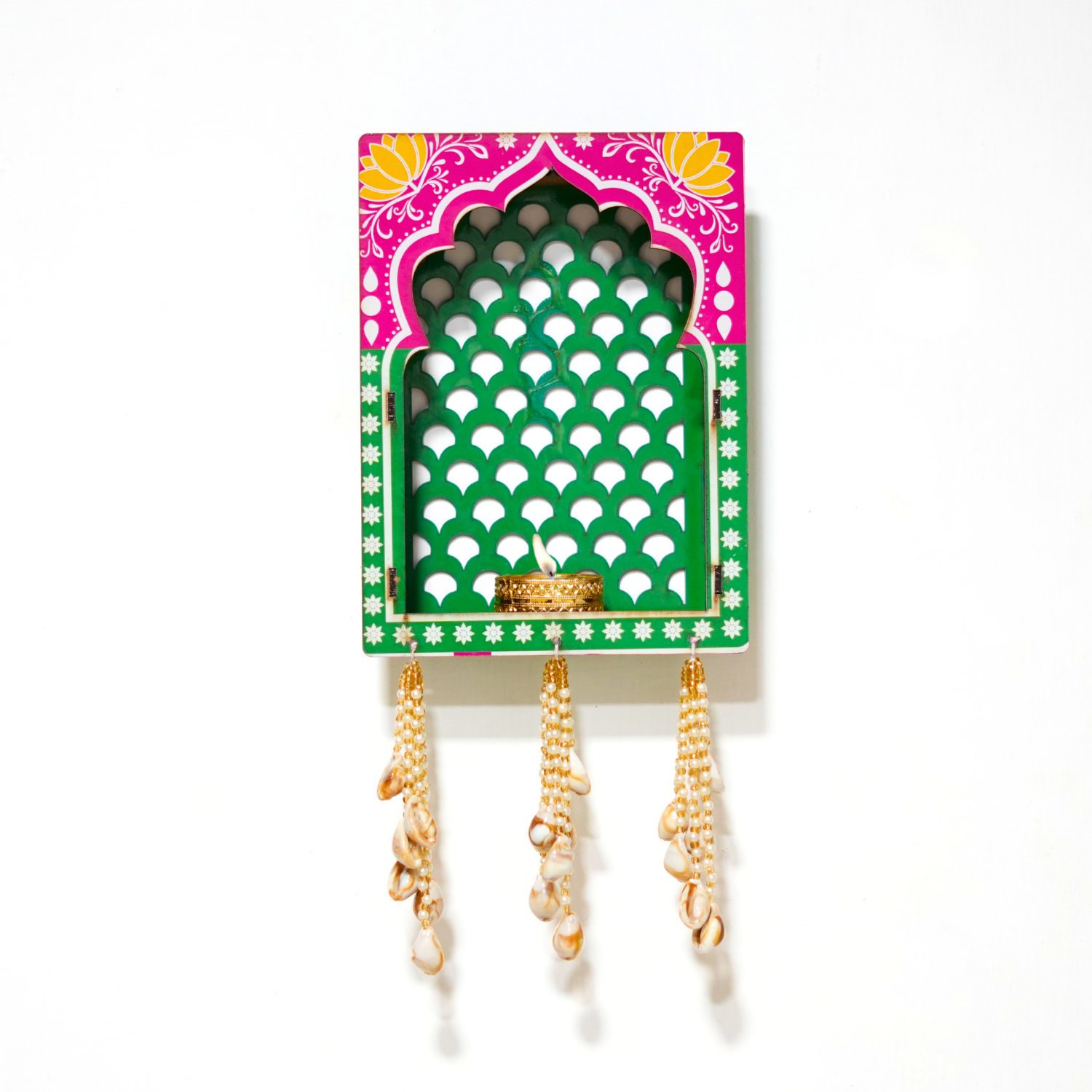 Upharkaro Handcrafted Traditional Rajasthani Jharokha Wall Hanging with Diya & Pearl Latkan ( 6L x 2W x 12H Inch ) – Colorful Ethnic Home & Mandir Décor