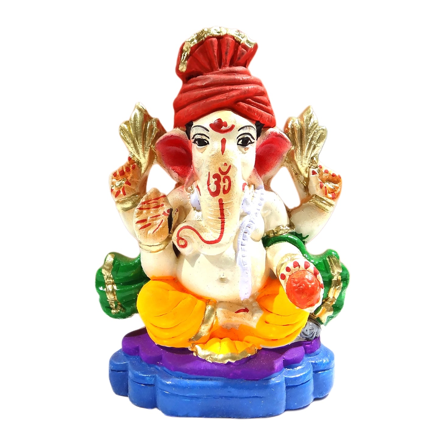 Decorative statue of a deity with colorful attire on a white background