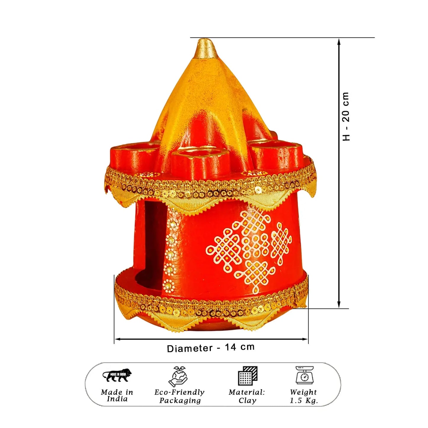 Decorative red and yellow structure with measurements on a white background
