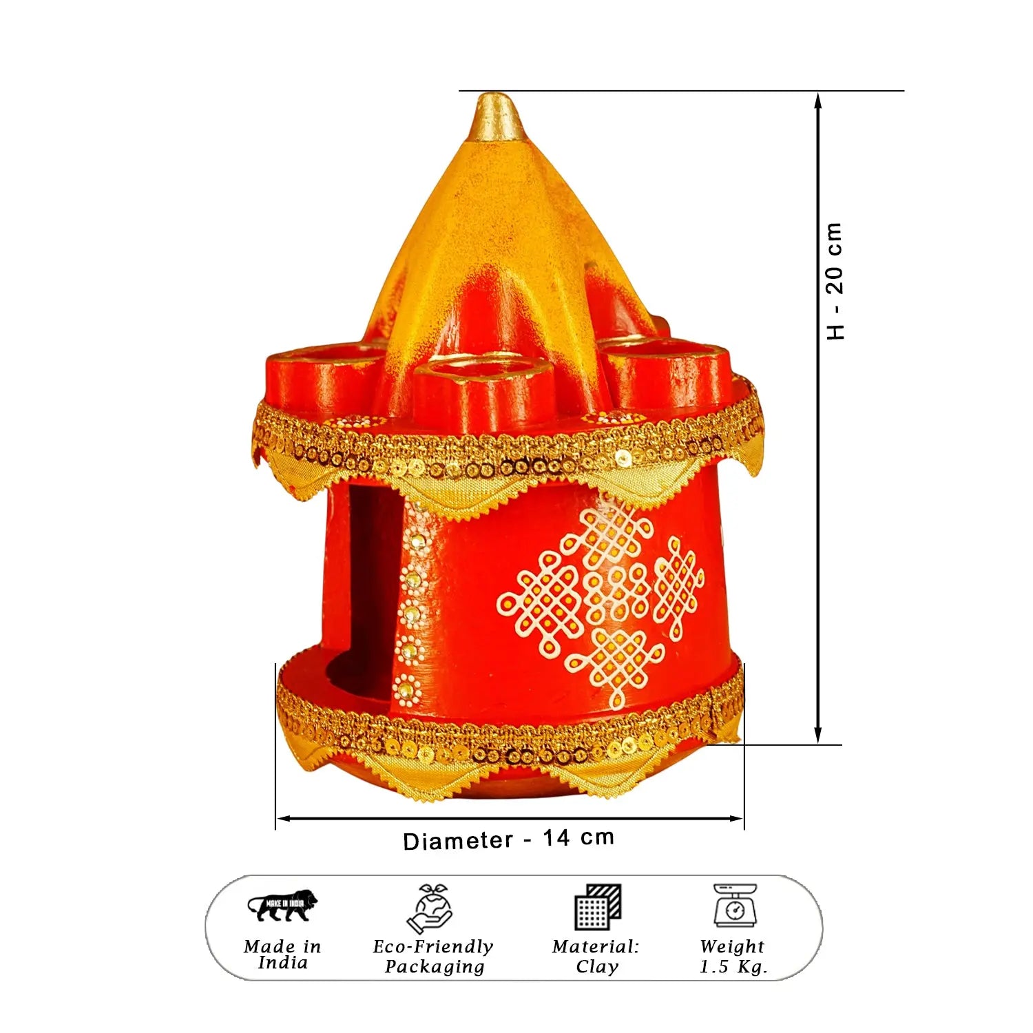 Decorative red and yellow structure with measurements on a white background